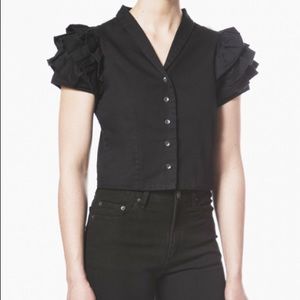 Cotton black ruffle sleeve button up